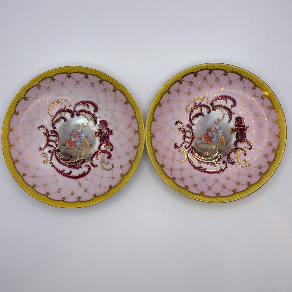 Antique HR Bavaria Porcelain Saucers Pink Trellis Yellow Gold Rococo Fragonard 2